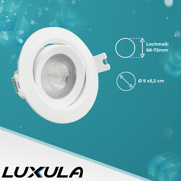 Weiße LED-Einbauleuchte mit den Maßen 9 x 5,2 cm und einem Lochmaß von 68 bis 72 mm