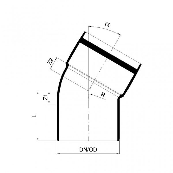 Technische Zeichnung eines Rohrbogens mit Maßangaben für Winkel, Radius, Länge und Nenndurchmesser.