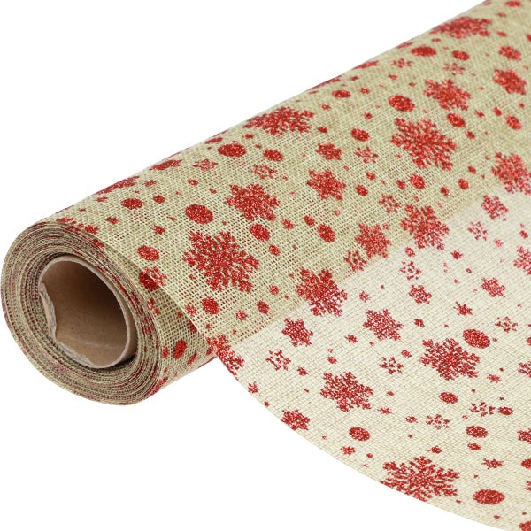 Juterolle mit roten glitzernden Schneeflocken für die Weihnachtsdekoration.