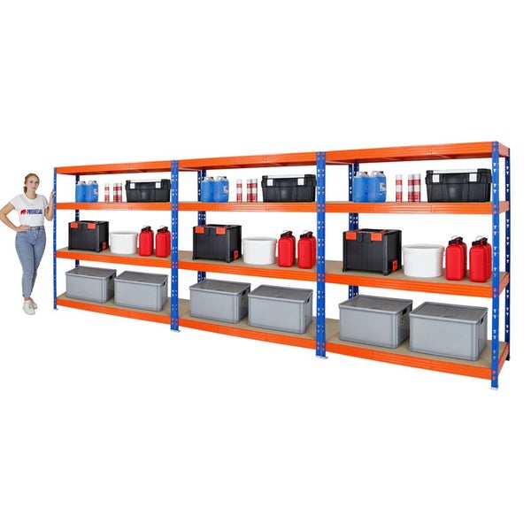 PROREGAL Mega Deal 3x Profi Schwerlastregal Rhino HxBxT 180 x 160 x 60 cm 4 Spanplatten-Ebenen 8mm Fachlast 500 kg Blau-Orange