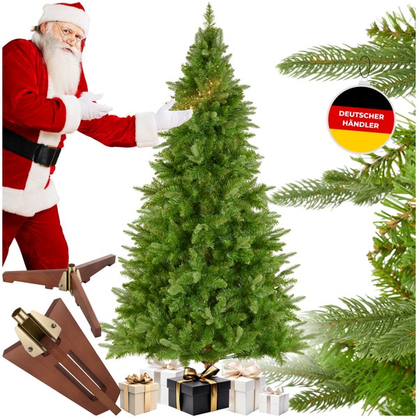 Künstlicher Weihnachtsbaum mit Ständer und Geschenken, präsentiert von Weihnachtsmann. Deutscher Händler.