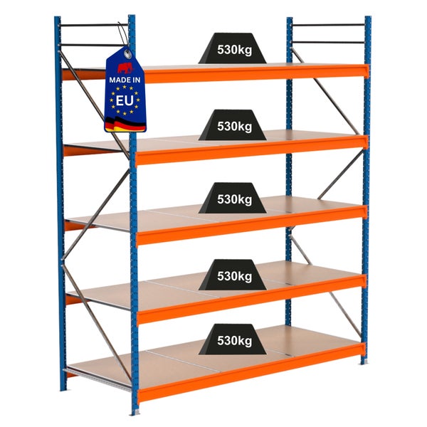 Metallregal mit fünf Ebenen und einer Traglast von 530 Kilogramm pro Ebene, Hergestellt in der Europäischen Union