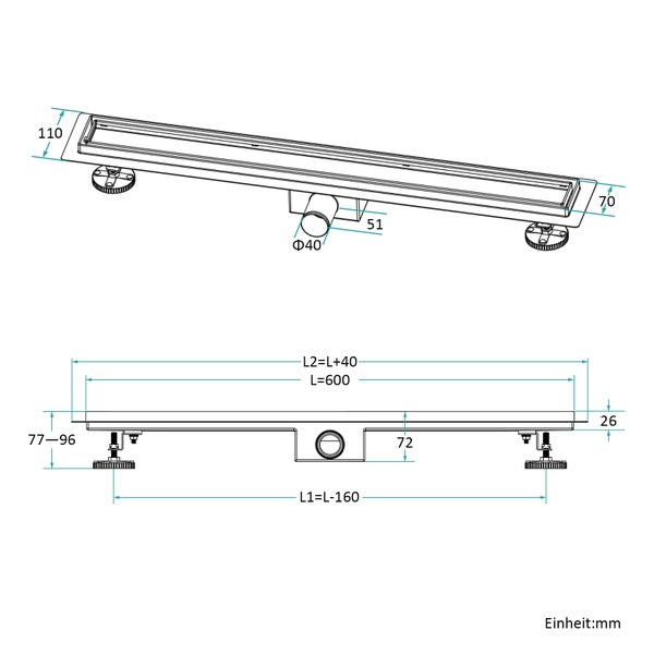EMKE Duschrinne Edelstahl 2-in-1 Komplettse, 600mm, Befliesbar, Extra Flach, Schwarz mit Haarsieb und Siphon - Standardgröße Adapter 40/50mm, Einbauhöhe 77-96mm, Wasserdurchfluss 30L/Min.