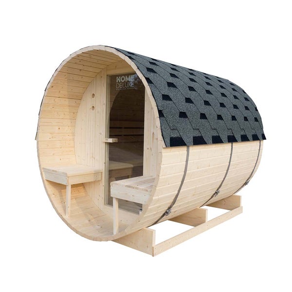 Home Deluxe - Outdoor Fasssauna LAHTI DELUXE L - Maße: ca. 195 cm x 192 cm x 220 cm, Holz: Fichtenholz - inkl. Saunaofen und Saunazubehör I Gartensauna, Außensauna, Sauna Fass für 4 Personen