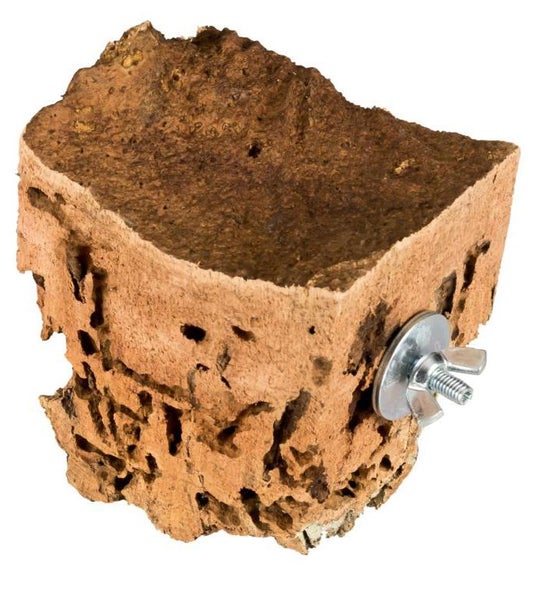 Sitzplatz aus Kork für Vögel und Nager mit Flügelschraube und Unterlegscheibe zur Befestigung am Käfiggitter.