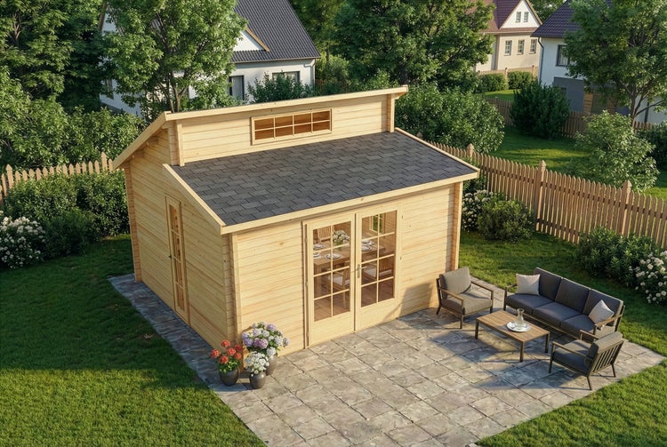 Holz-Gartenhaus mit Doppeltür, Seitentür und dunklem Schindeldach auf Steinterrasse mit Lounge-Möbeln in einem hellen, grünen Garten.