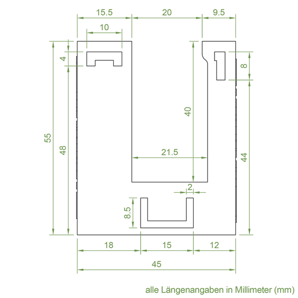 Technische Zeichnung mit Maßangaben in Millimetern für ein u-förmiges Bauteil.