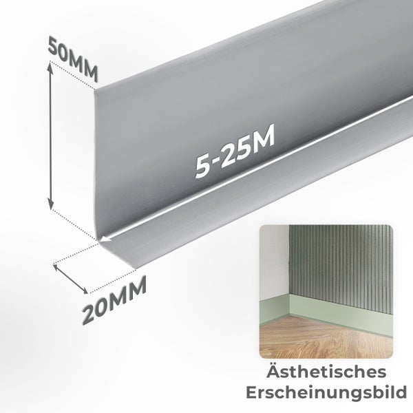 Winkelprofil zur Kantenabdeckung, 50 Millimeter mal 20 Millimeter, fuer flexible Boden oder Wandabschluesse, inklusive Anwendungsbeispiel.
