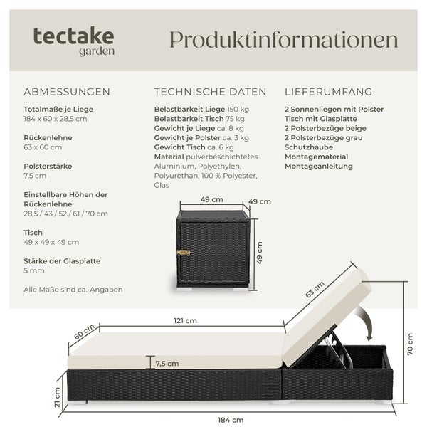 2er Set Rattan Sonnenliegen tectake  wetterfest und UV-beständig mit Aluminiumgestell schwarz
