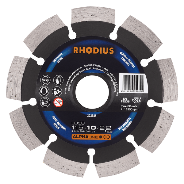RHODIUS Diamanttrennscheibe LD50, 1 Stück, 115 x 10,0 x 2,2 x 22,23 mm für Beton, ALPHAline