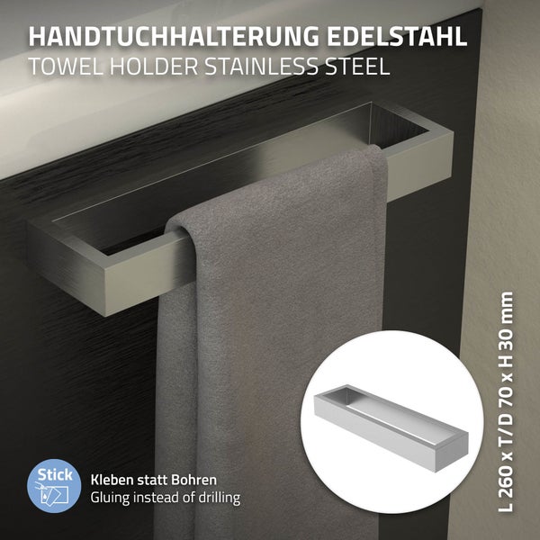 ML-Design Handtuchhalter ohne Bohren 26 cm, Silber, aus Edelstahl, Wandmontage, Badetuchhalter Wand zum kleben für Badezimmer & Küche, Modern, Handtuchstange Wandhalter selbstklebend für Handtücher