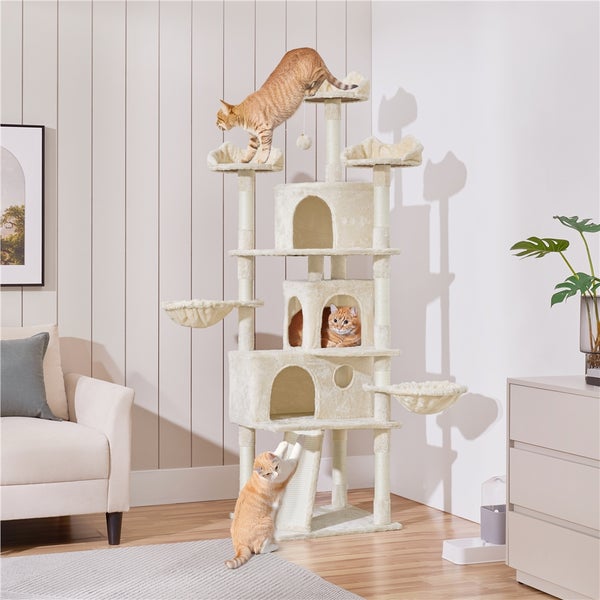 Katzenkratzbaum mit mehreren Ebenen, Höhlen und Liegeflächen in einem hellen Raum mit drei Katzen