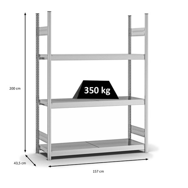 PROREGAL Weitspannregal Stecksystem T-Profil Grundregal HxBxT 200x150x40 cm 3 Ebenen Stahlplatten Fachboden Fachlast 350 kg Verzinkt