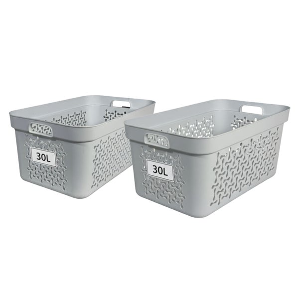 Zwei graue Wäschekörbe aus Kunststoff mit einem Fassungsvermögen von 30 Litern
