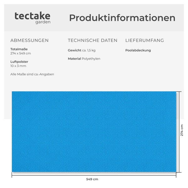 Produktinformationen zur Poolabdeckung von tectake mit Angaben zu Abmessungen, Gewicht und Material.