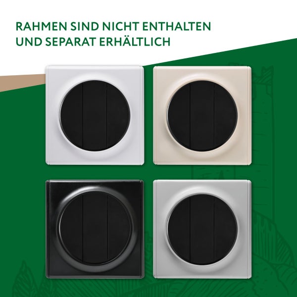 Vier quadratische Lichtschaltereinsätze mit runden schwarzen Wippen ohne Rahmen, Rahmen sind nicht enthalten und separat erhältlich.