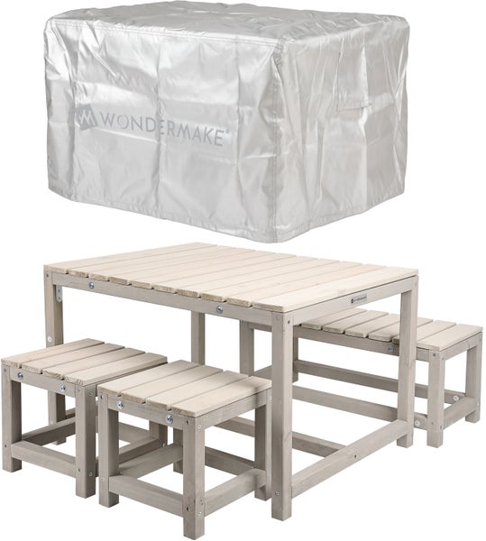 WONDERMAKE® Design Kindersitzgruppe Outdoor Garten Holz mit Abdeckung, Kinder-Sitzgarnitur Indoor Picknick-Gruppe ab 3 Jahre, beige grau