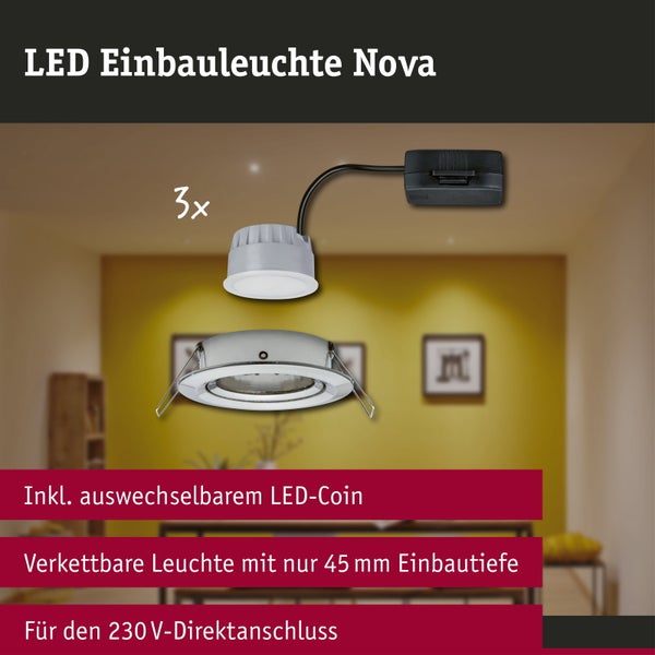 Dreier-Set LED Einbauleuchten Nova mit auswechselbarem LED-Coin, 45 Millimeter Einbautiefe und 230 Volt Direktanschluss.