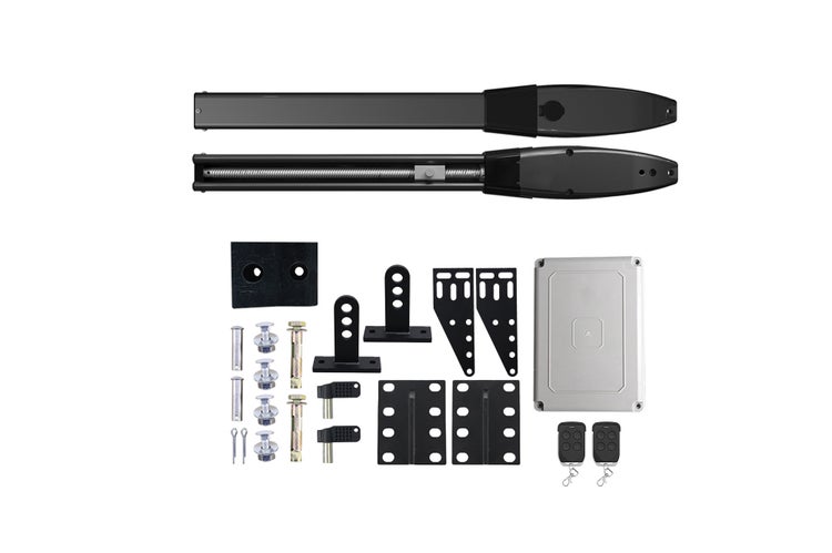 Elektrischer Drehtorantrieb Set inklusive zwei Antriebsarmen, Steuerung, Montagehalterungen, Montagematerial und zwei Handsendern.