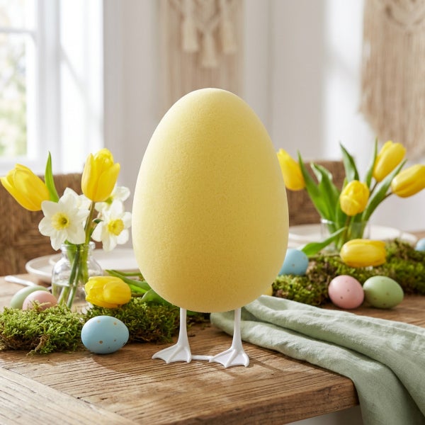Osterdeko Ei mit Entenfüßen auf einem Holztisch mit Frühlingsblumen und Ostereiern als festliche Tischdekoration.