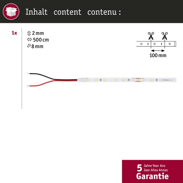 LED-Streifen, 500 Zentimeter lang, 8 Millimeter breit, 2 Millimeter hoch, alle 100 Millimeter kürzbar, mit 5 Jahren Garantie.