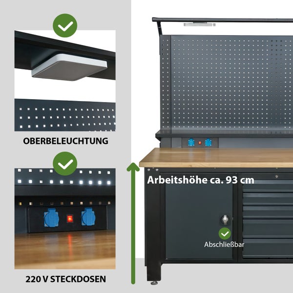 Werkbank mit Oberbeleuchtung, zwei 220 Volt Steckdosen, einer Arbeitshöhe von circa 93 Zentimetern und abschließbarem Schrank.