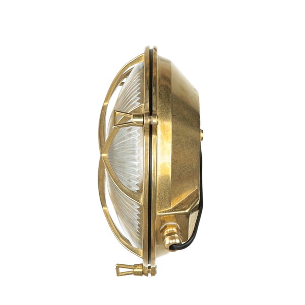 Runde Messing-Deckenleuchte mit Schutzgitter und geriffeltem Glas