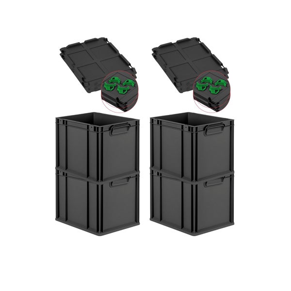 PROREGAL SuperSparSet 4x Eurobox NextGen Grip mit Auflagedeckel inkl. 4 grünen Schiebeschnappverschlüssen, HxBxT 32x30x40cm, 30 Liter, Schwarz, Griffe geschlossen, Eurobehälter, Transportbox, Transportbehälter, Stapelbehälter