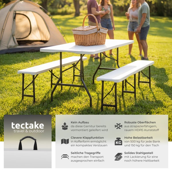 Camping-Garnitur mit klappbarem Tisch und Bänken aus Kunststoff und Stahl auf einer Wiese vor einem Zelt. Vormontiert, hohe Belastbarkeit. tectake Logo.