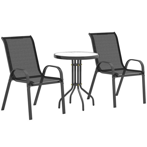 Bistro-Set bestehend aus zwei Stapelstühlen mit Textilbespannung und einem runden Glastisch mit Metallgestell.