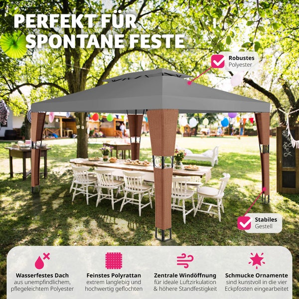 Rattan Gartenpavillon tectake Mona inklusive Heringen 4 x 3 m braun/anthrazit