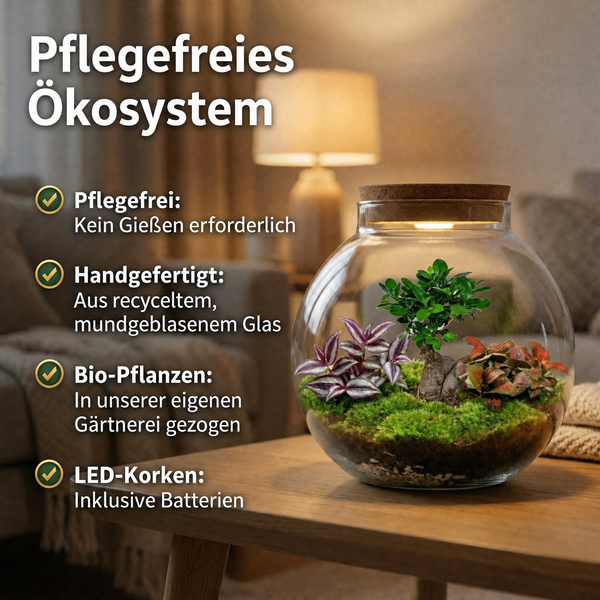 Pflegefreies Ökosystem in einem mundgeblasenen Glasgefäß mit LED-Korkdeckel und Bio-Pflanzen auf einem Holztisch.