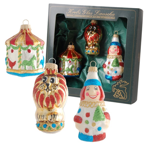 Multicolor 7-9cm Zirkusformen Löwe, Clown & Karussell, Glasornamente, mundgeblasen, handbemalt, 3 Stck., Weihnachtsbaumkugeln, Christbaumschmuck, Weihnachtsbaumanhänger