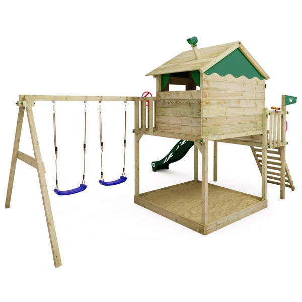 WICKEY Spielturm Klettergerüst Smart Coast mit Schaukel und Rutsche, Stelzenhaus mit Sandkasten, Kletterleiter und Spiel-Zubehör - grün