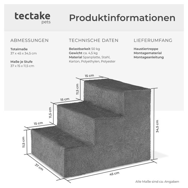 Produktinformationen Tectake Haustiertreppe mit Abmessungen und technischen Daten