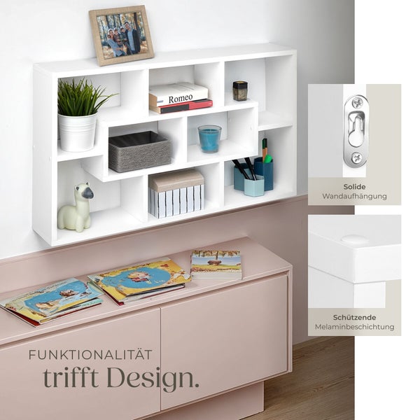 Weißes Wandregal mit mehreren Fächern über einer Kommode. Detailansichten zeigen die stabile Wandaufhängung und die Melaminbeschichtung.
