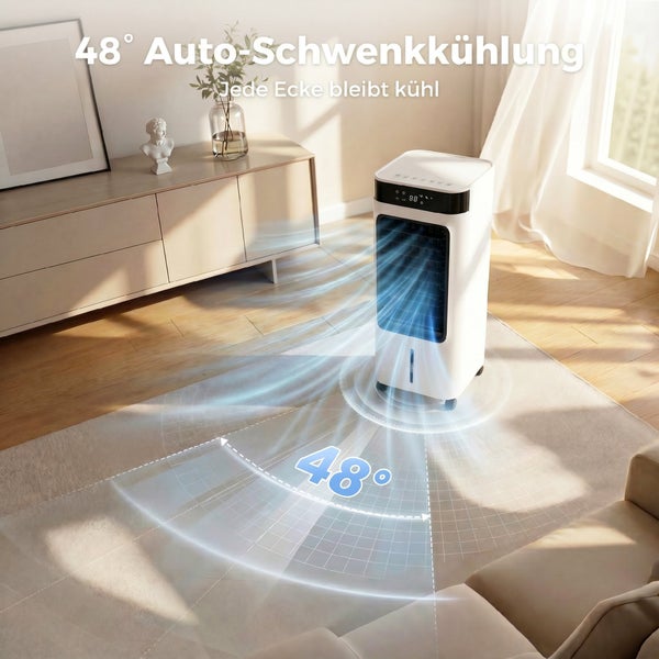 Mobiler Luftkühler in einem hellen Wohnzimmer mit einer 48 Grad Schwenkfunktion für eine gleichmäßige Verteilung der kühlen Luft.
