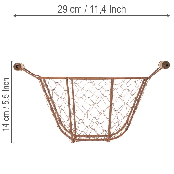 Drahtkorb aus Metall mit Holzgriffen, Breite 29 Zentimeter, Höhe 14 Zentimeter.