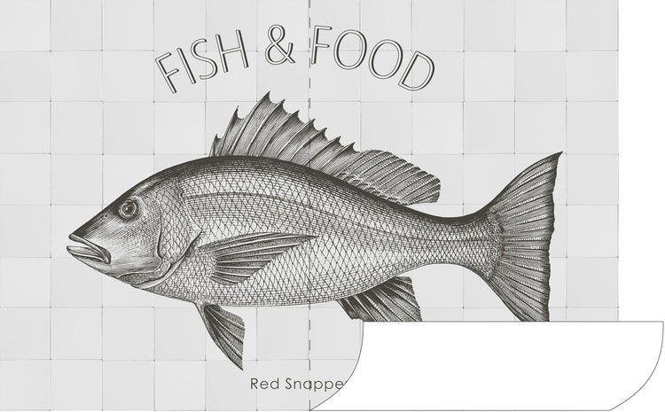 Fliesenwand mit der Aufschrift Fisch und Lebensmittel und der Abbildung eines Roten Schnappers