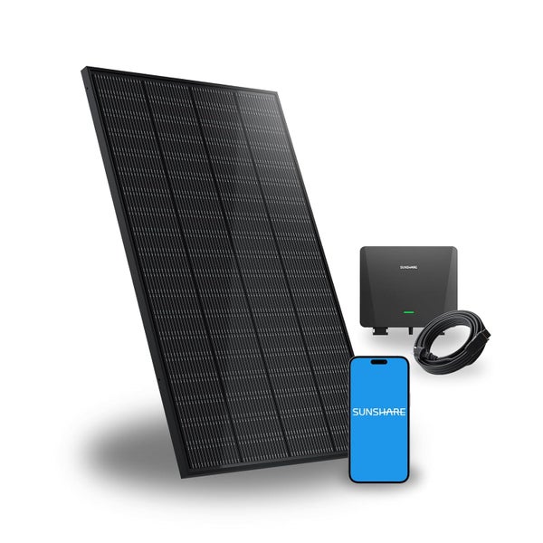 Solarmodul mit Wechselrichter, Kabel und Mobiltelefon