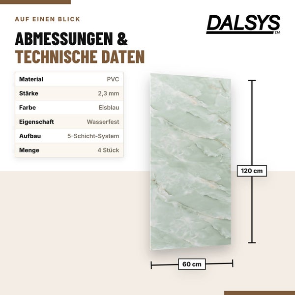 Technische Zeichnung der wasserfesten PVC Wandpaneele von Dalsys mit den Maßen 60 mal 120 Zentimeter und Informationen zum Aufbau.