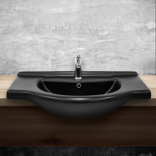 ML-Design Waschbecken Keramik Schwarz matt 87x50,5x22,5 cm Oval, Einbauwaschbecken mit Hahnloch, Überlauf, Aufsatzwaschbecken Einbauwaschtisch Waschschale Waschplatz Handwaschbecken, für Badezimmer