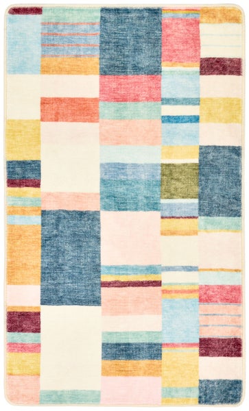 Rechteckiger Teppich mit modernem geometrischem Patchwork-Muster in verschiedenen Farben.