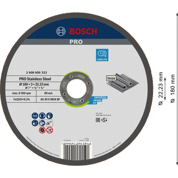 Bosch Trennscheibe, 180 x 3 x 22,23 Millimeter, geeignet für Edelstahl