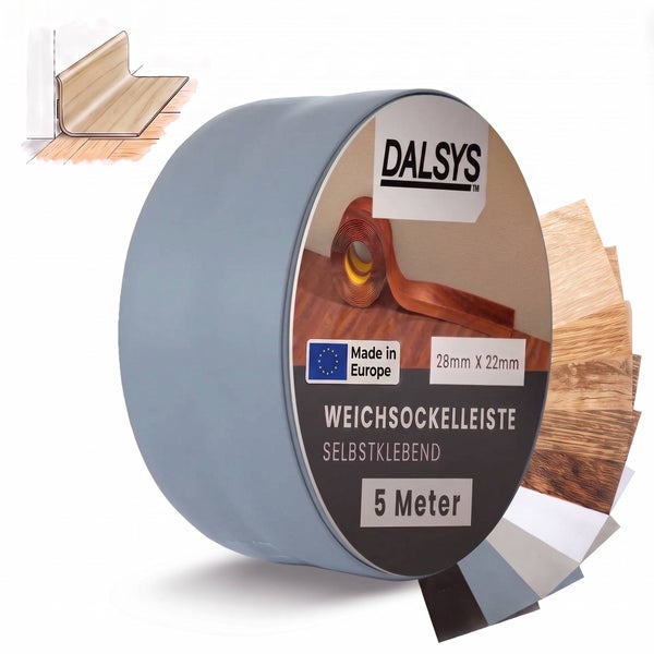 Dalsys selbstklebende Weichsockelleiste, 28 Millimeter mal 22 Millimeter, 5 Meter Rolle zur flexiblen Wandabschlussgestaltung.