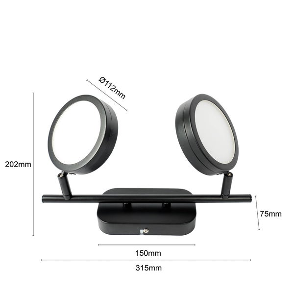 Wandleuchte mit zwei runden Leuchten und Maßangaben