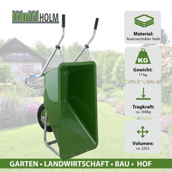 Trutzholm Schubkarre aus feuerverzinktem Stahl mit einem Gewicht von 17 Kilogramm, einer Tragkraft von circa 300 Kilogramm und einem Volumen von circa 220 Litern