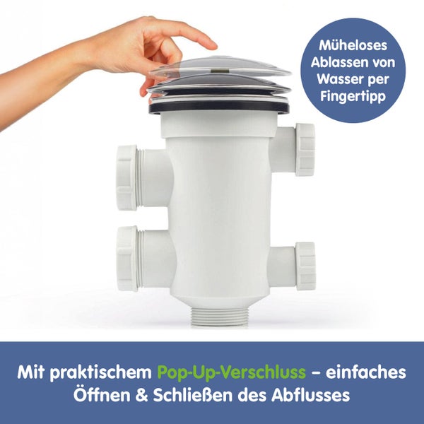 Pool-Ablauf mit Pop-up-Verschluss, manuelle Bedienung per Fingertipp zum Öffnen und Schließen des Abflusses.