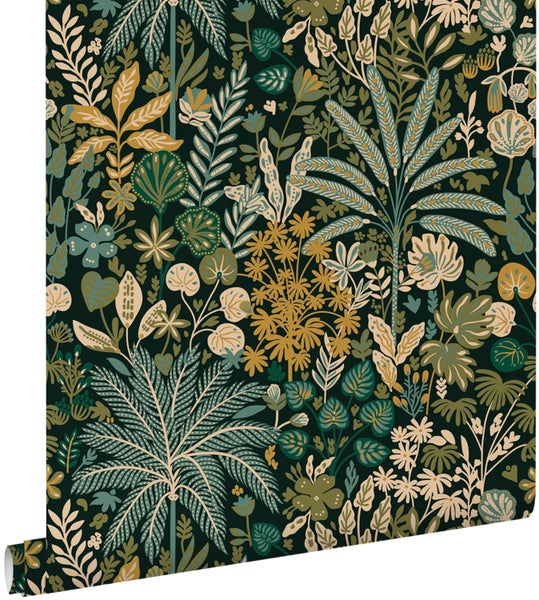 ESTAhome Tapete tropische Blätter und Blüten Grün, Blau, Senfgelb und Beige - 50 x 900 cm - 130947