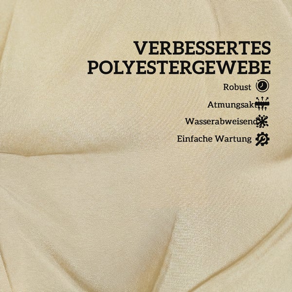 Nahaufnahme eines verbesserten Polyestergewebes mit Symbolen für Robustheit, Atmungsaktivität, Wasserabweisung und einfache Wartung.